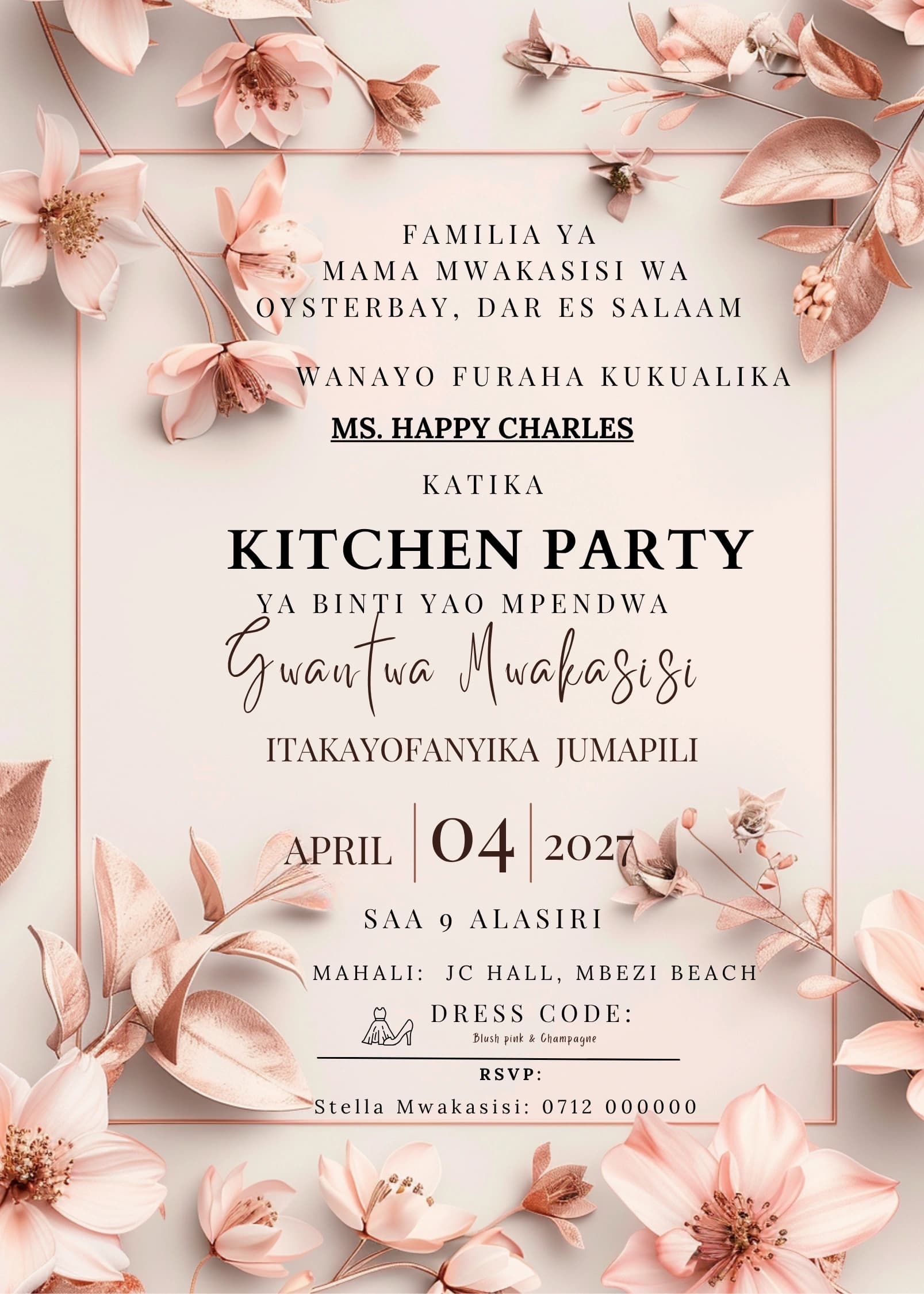 Blush Pink Minimal invitation card design for kitchen party