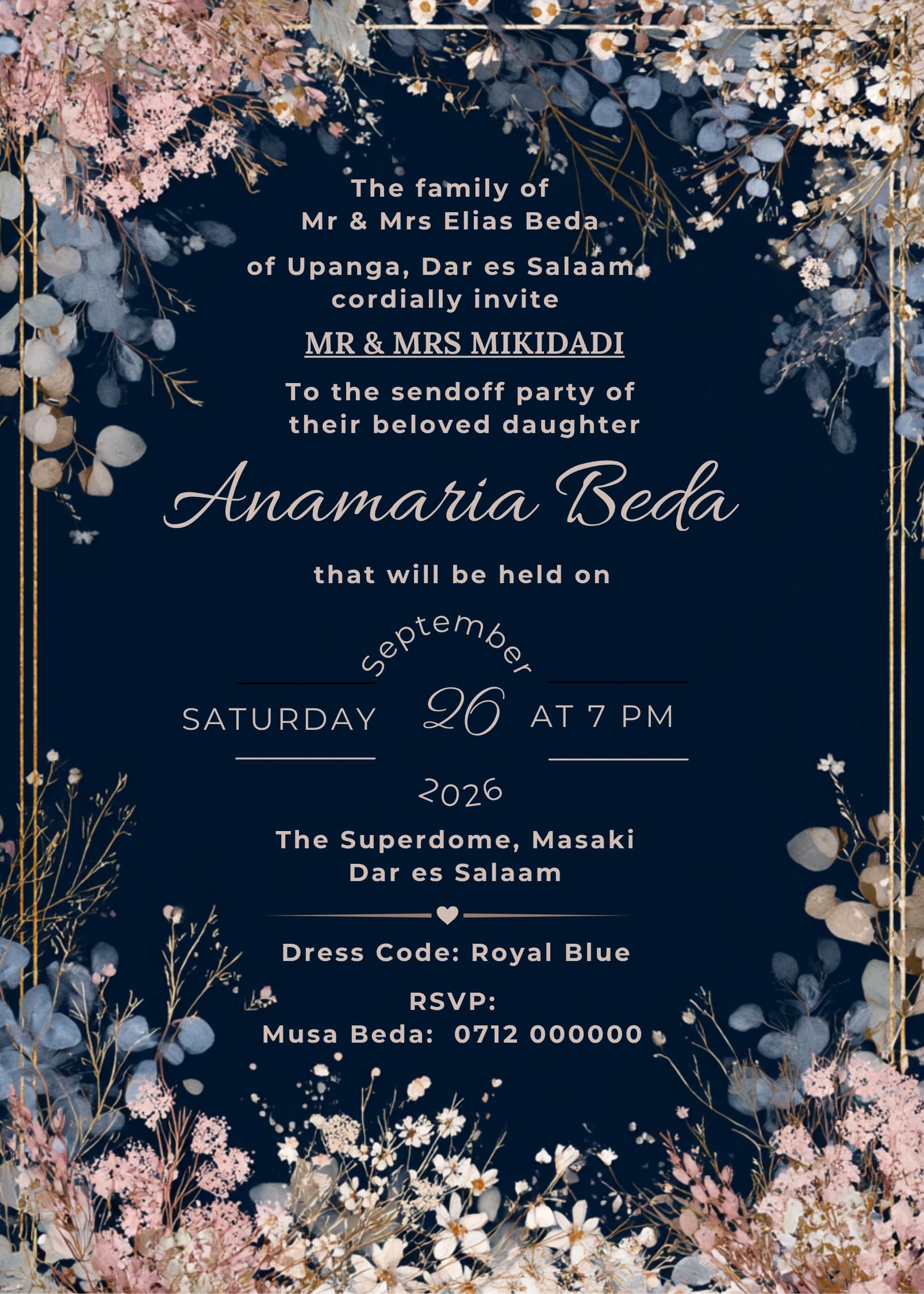 Cascading Gyp Veil invitation card design for send off