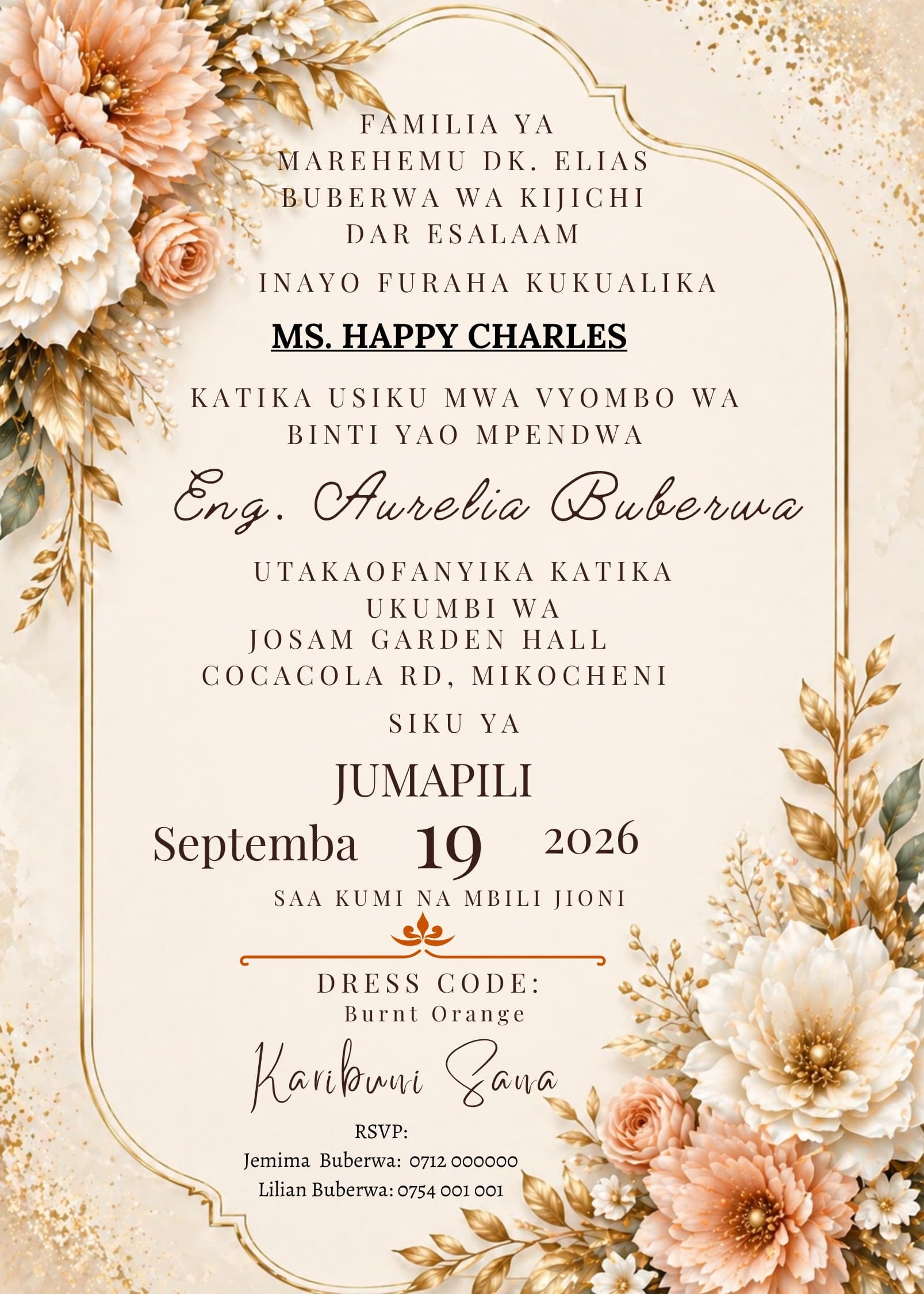 Cream Gold Frame invitation card design for kitchen party