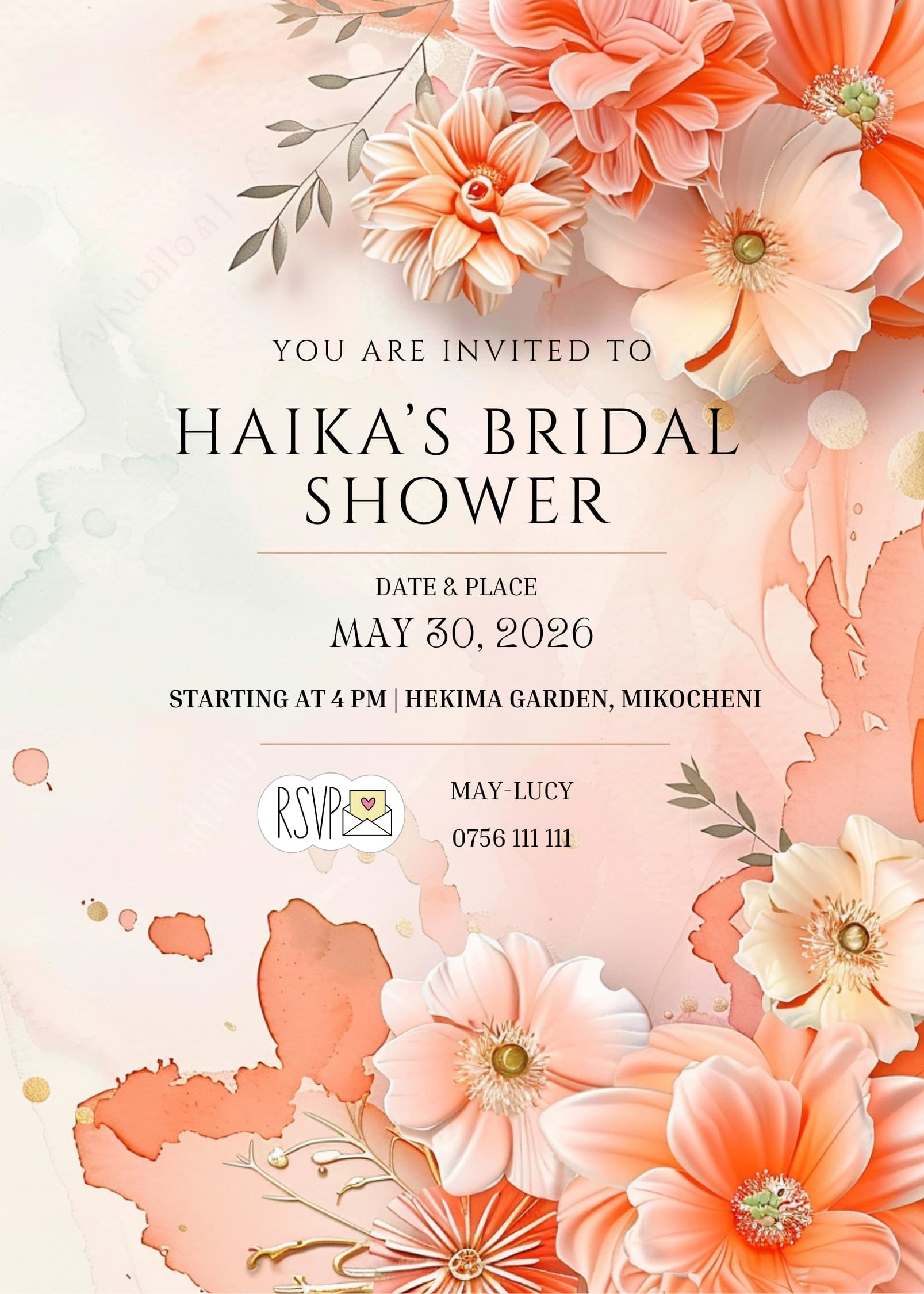 Garden City Bloom invitation card design for bridal shower