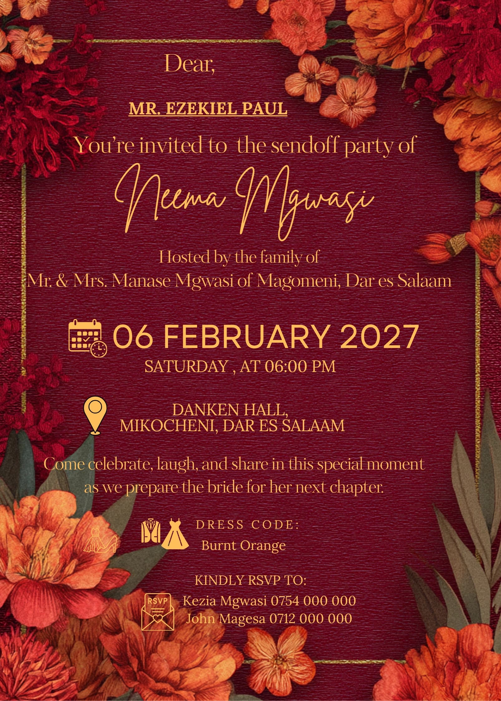 Kente Gold Pride invitation card design for send off