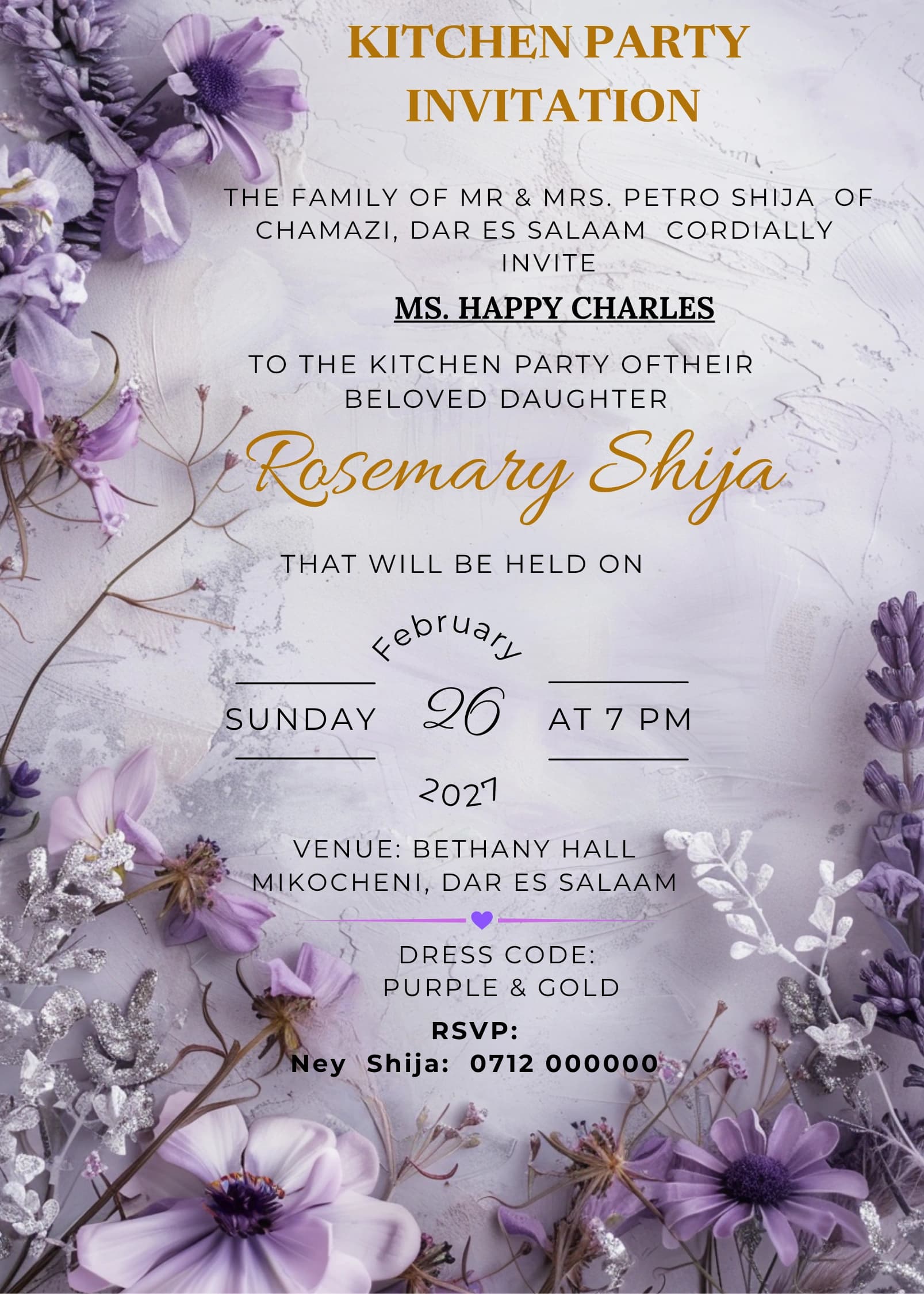Lilac Gold Script invitation card design for kitchen party