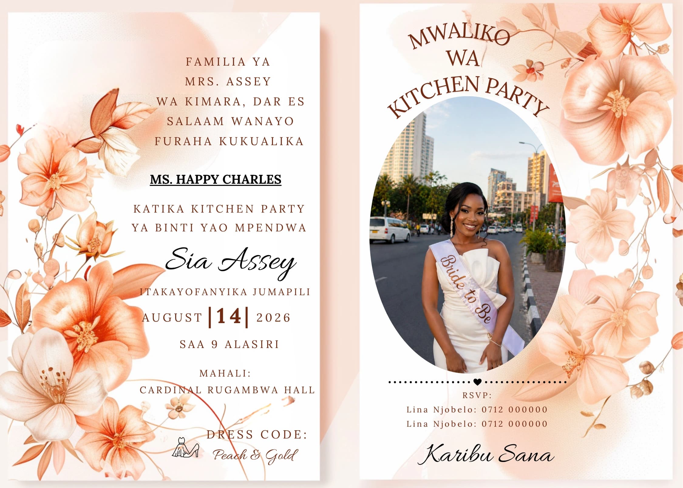 Peach Bride Sash invitation card design for kitchen party