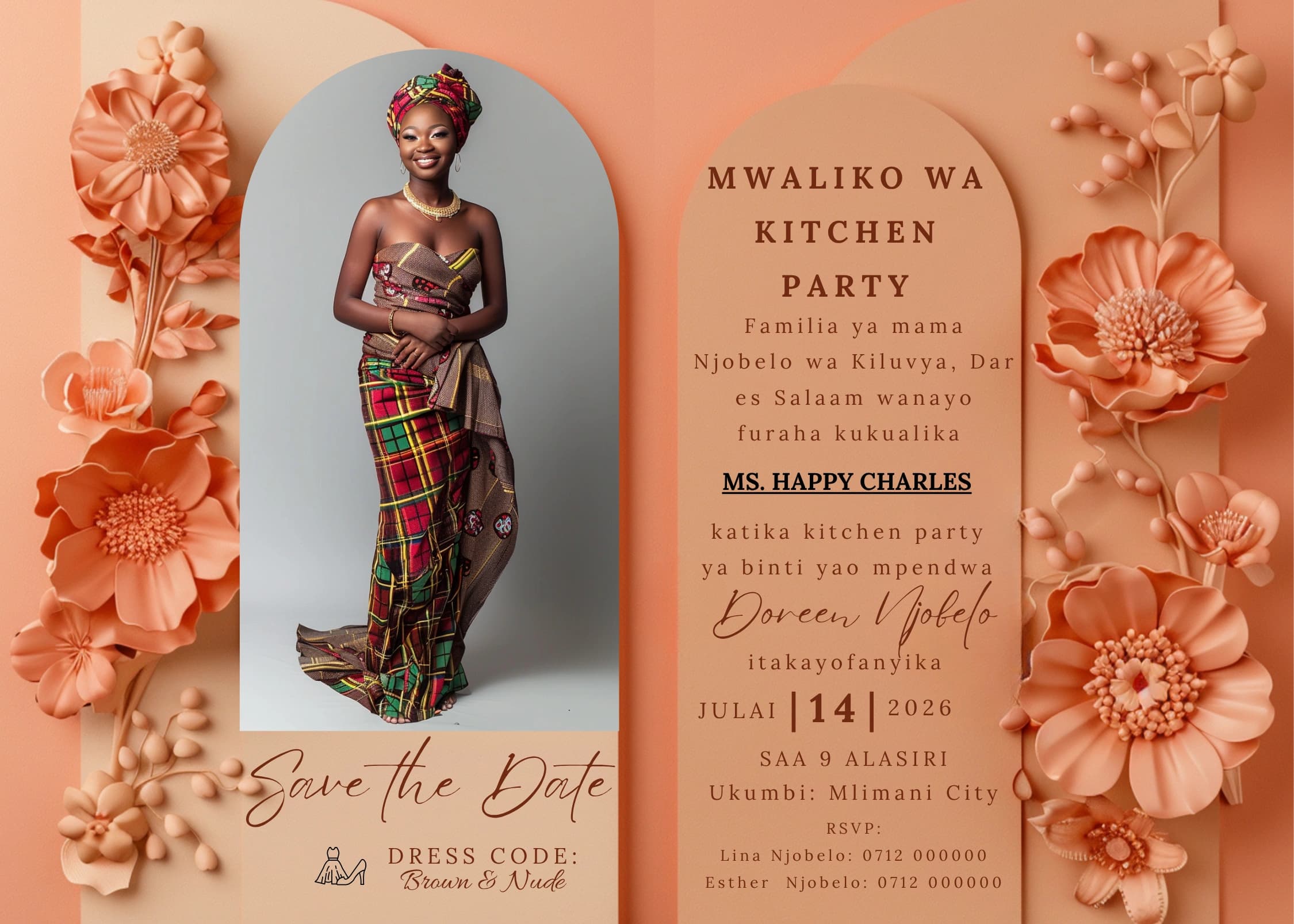 Peach Plaid Portrait invitation card design for kitchen party