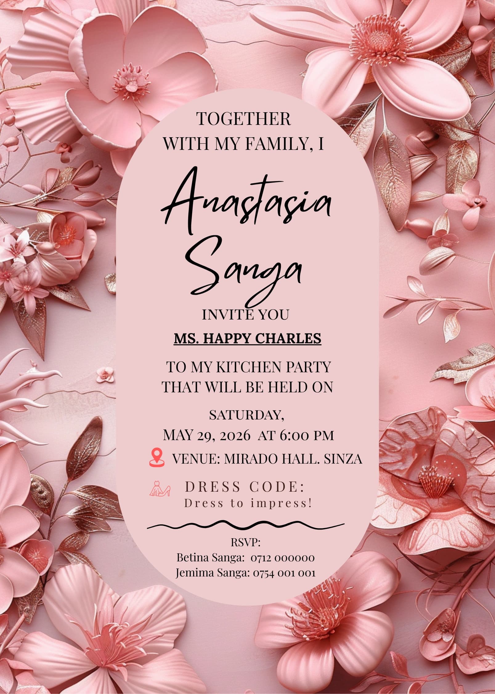 Pink Floral Arch invitation card design for kitchen party