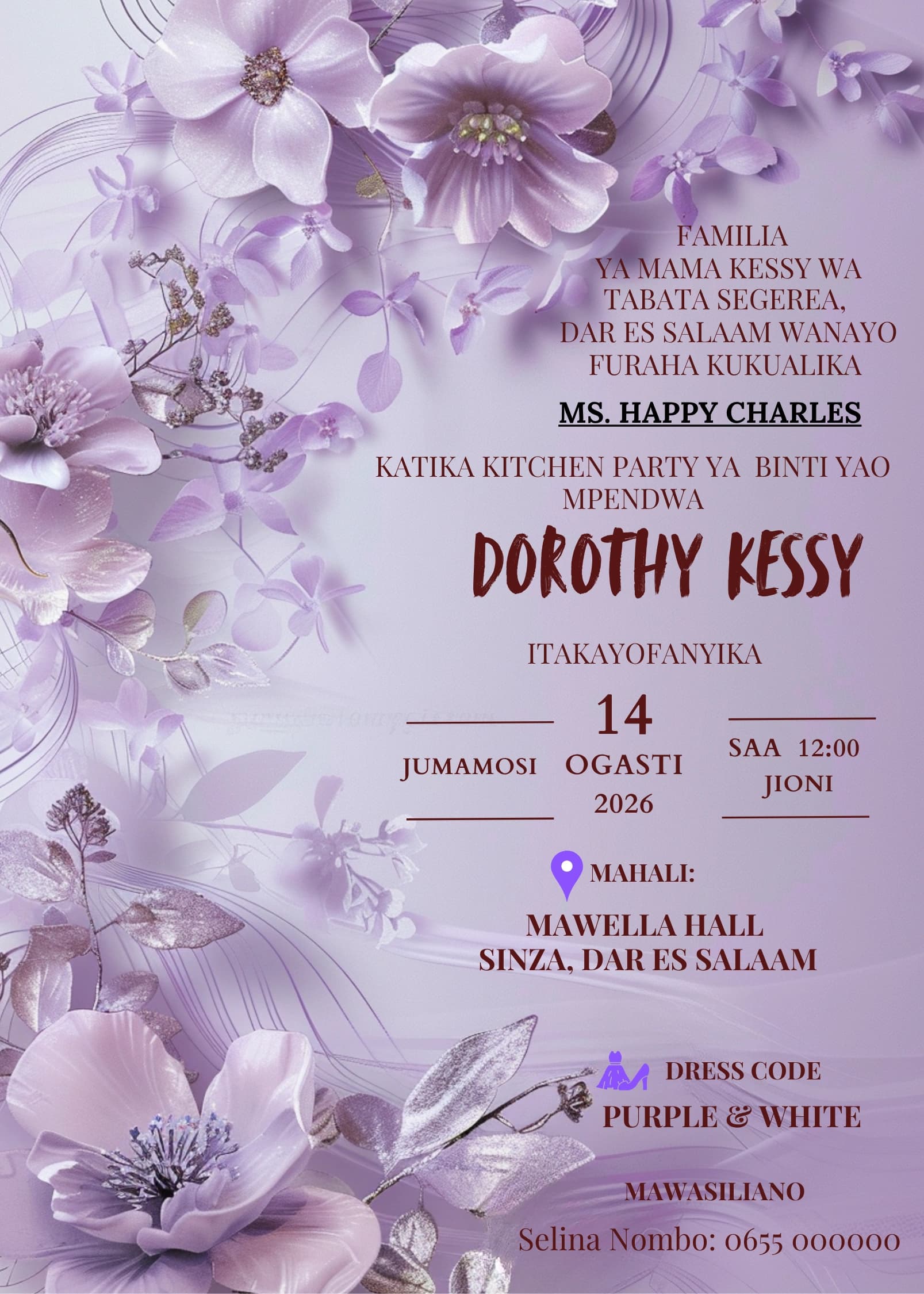 Purple White Bloom invitation card design for kitchen party