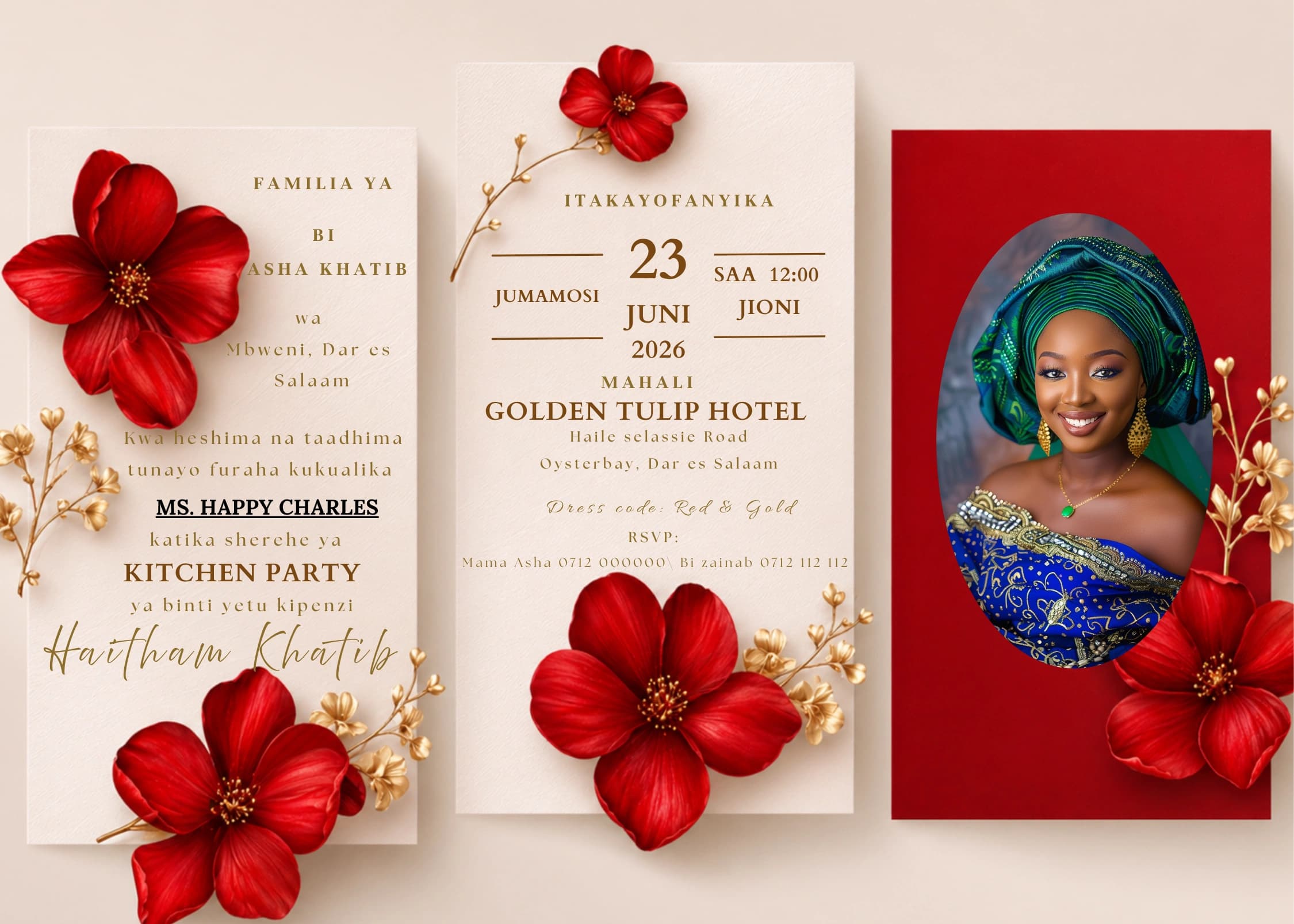 Red Gold Triptych invitation card design for kitchen party