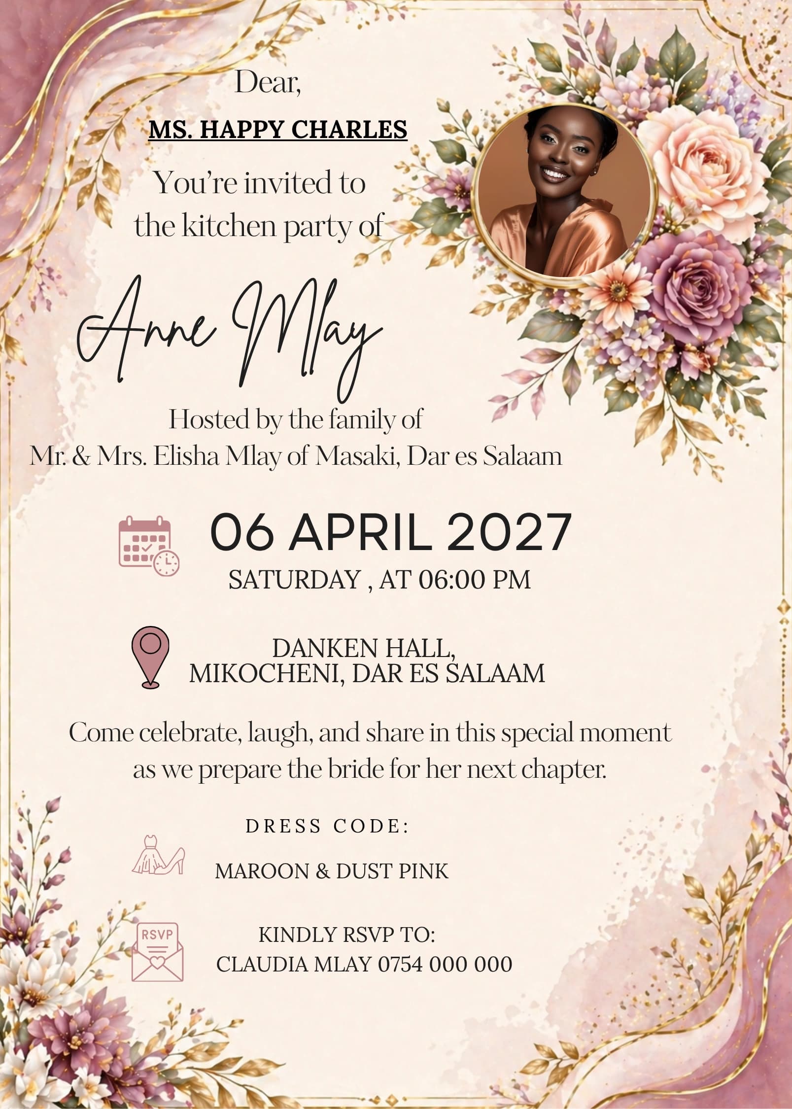 Rose Circle Portrait invitation card design for kitchen party