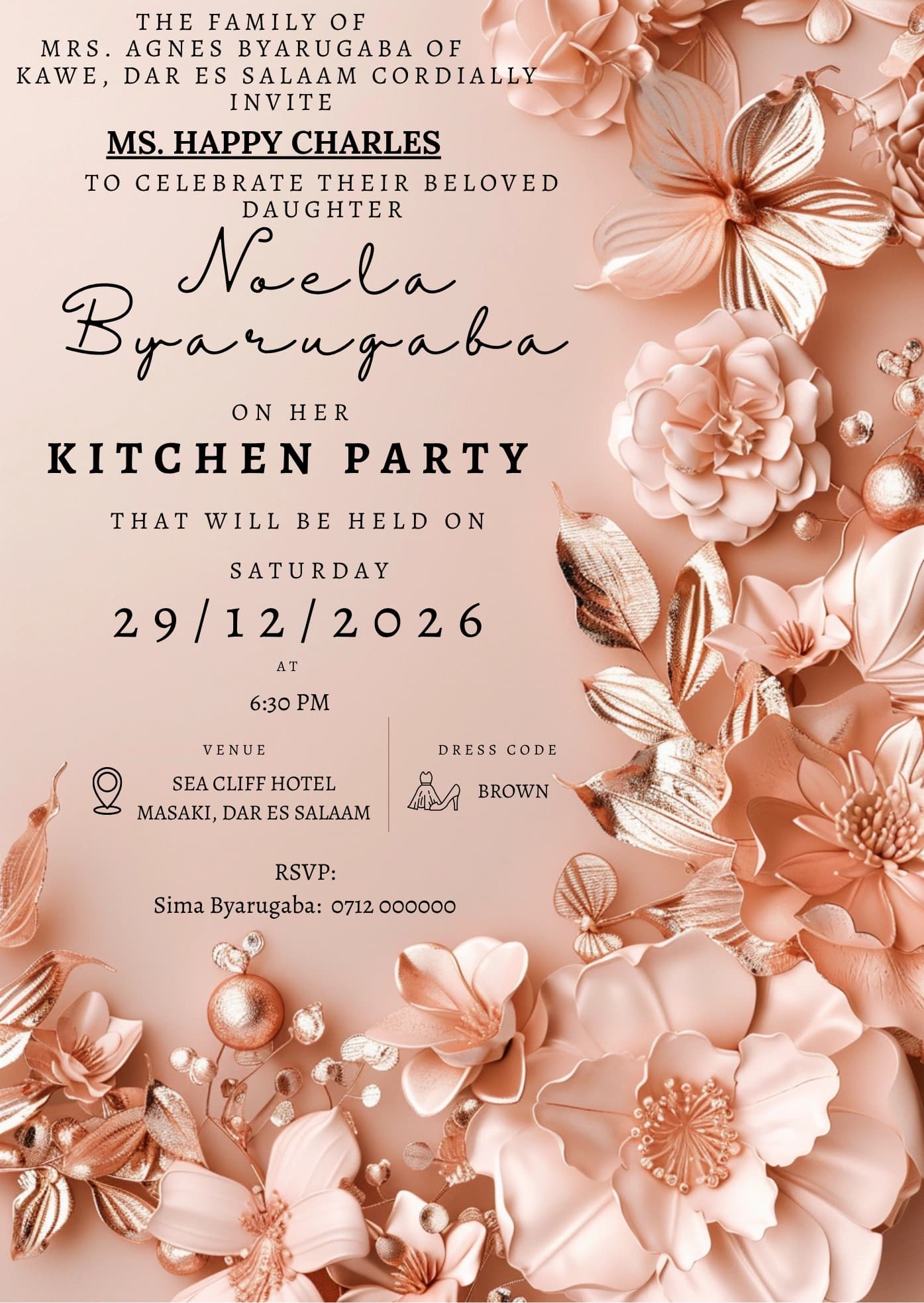 Rosegold Floral Bloom invitation card design for kitchen party