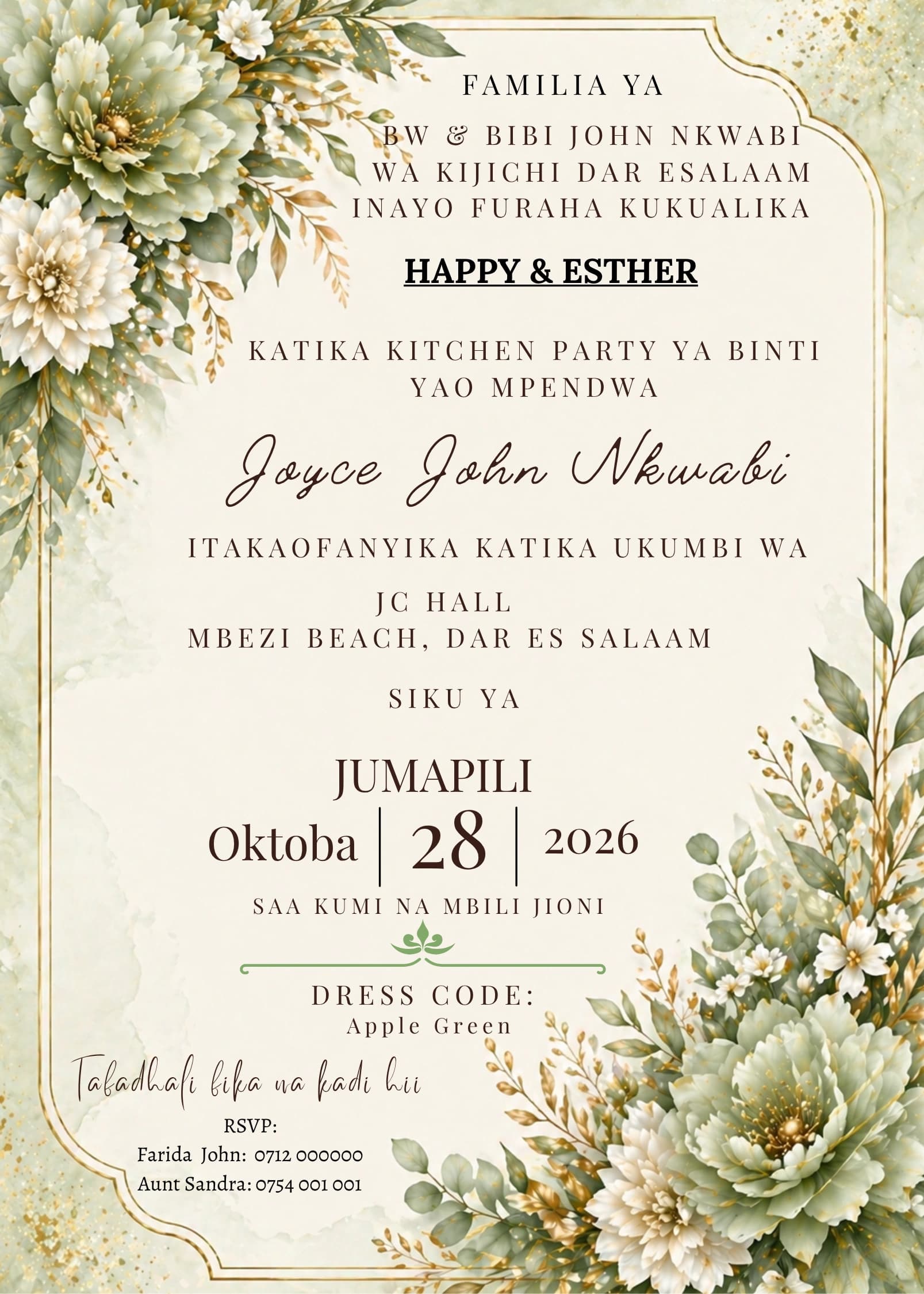 Sage Green Bloom invitation card design for kitchen party