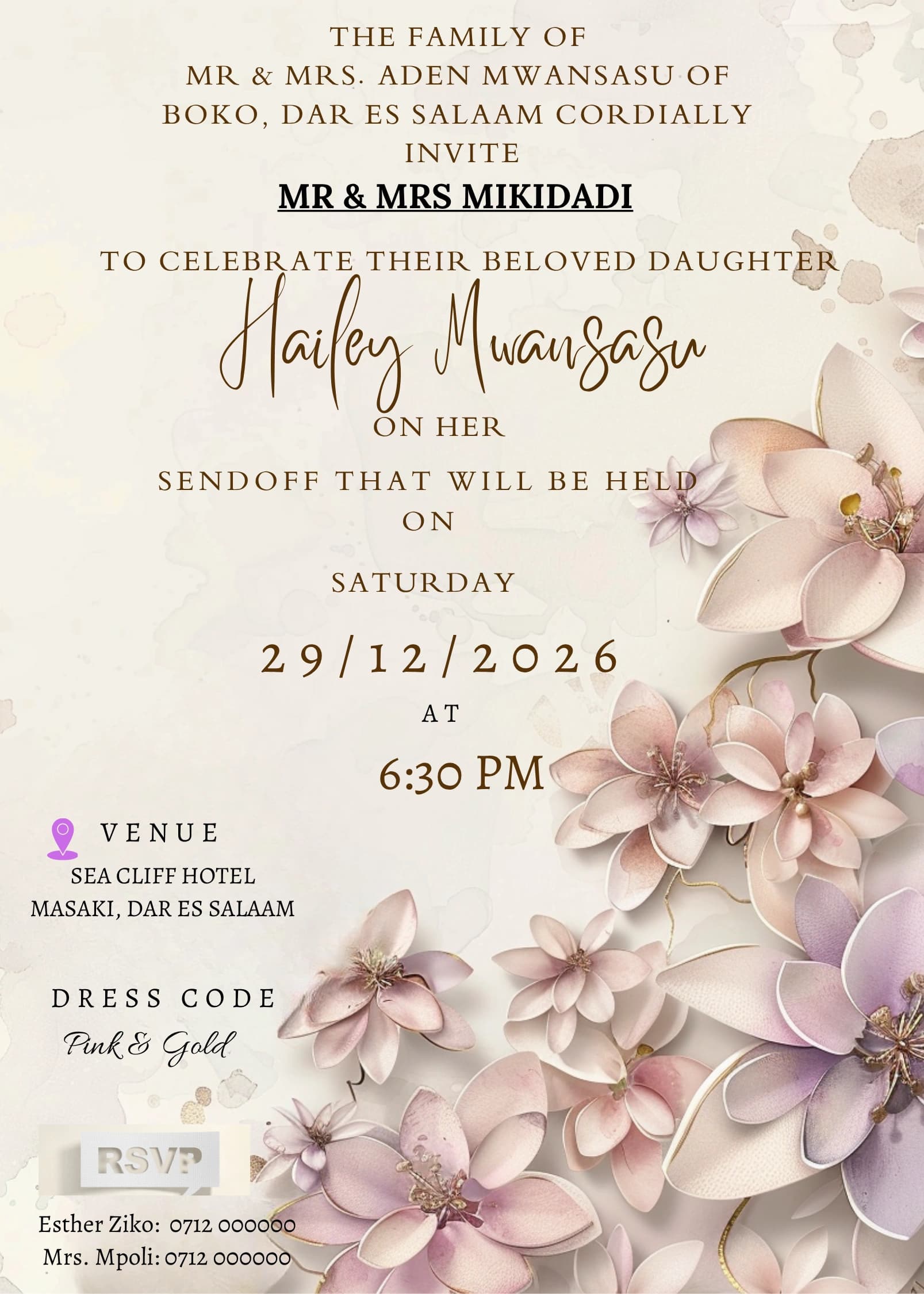Zen Linen Sway invitation card design for send off